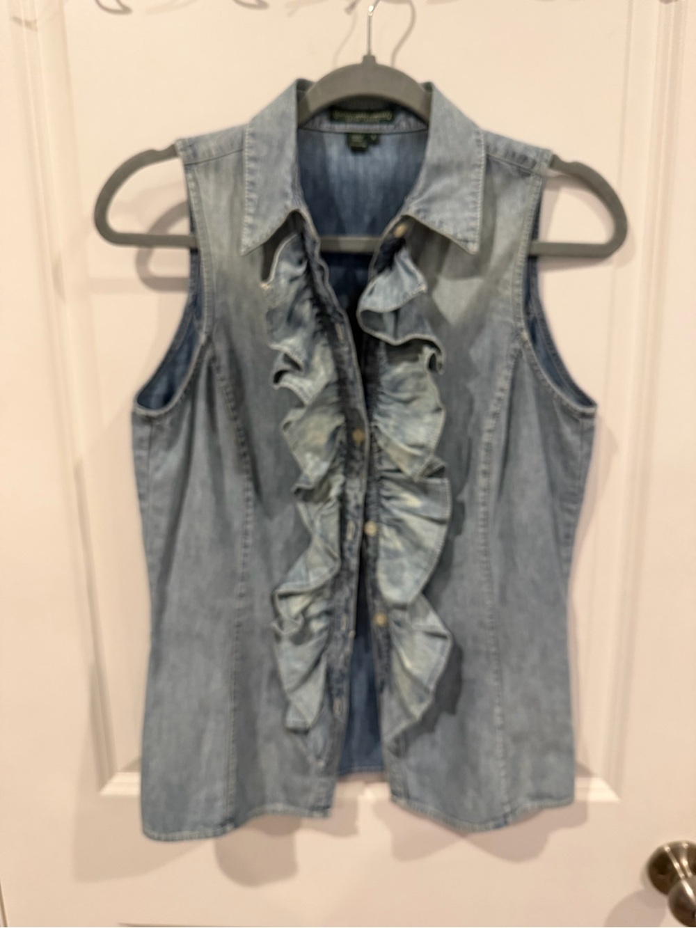 Ralph Lauren (Lauren Jeans Co.) Sleeveless Ruffle Front Denim Shirt - Light Blue